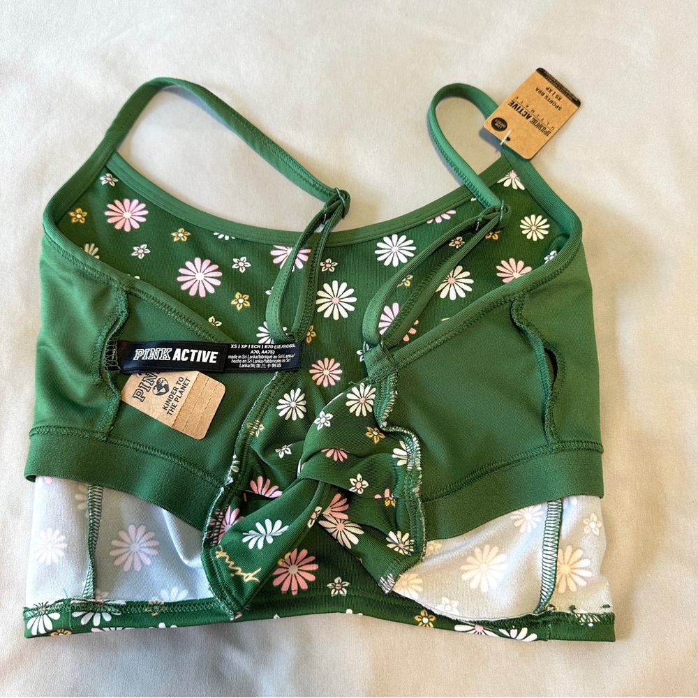 Victoria's Secret PINK Active Sports Bra XS Green Daisy Floral Strappy Back - Picture 9 of 10